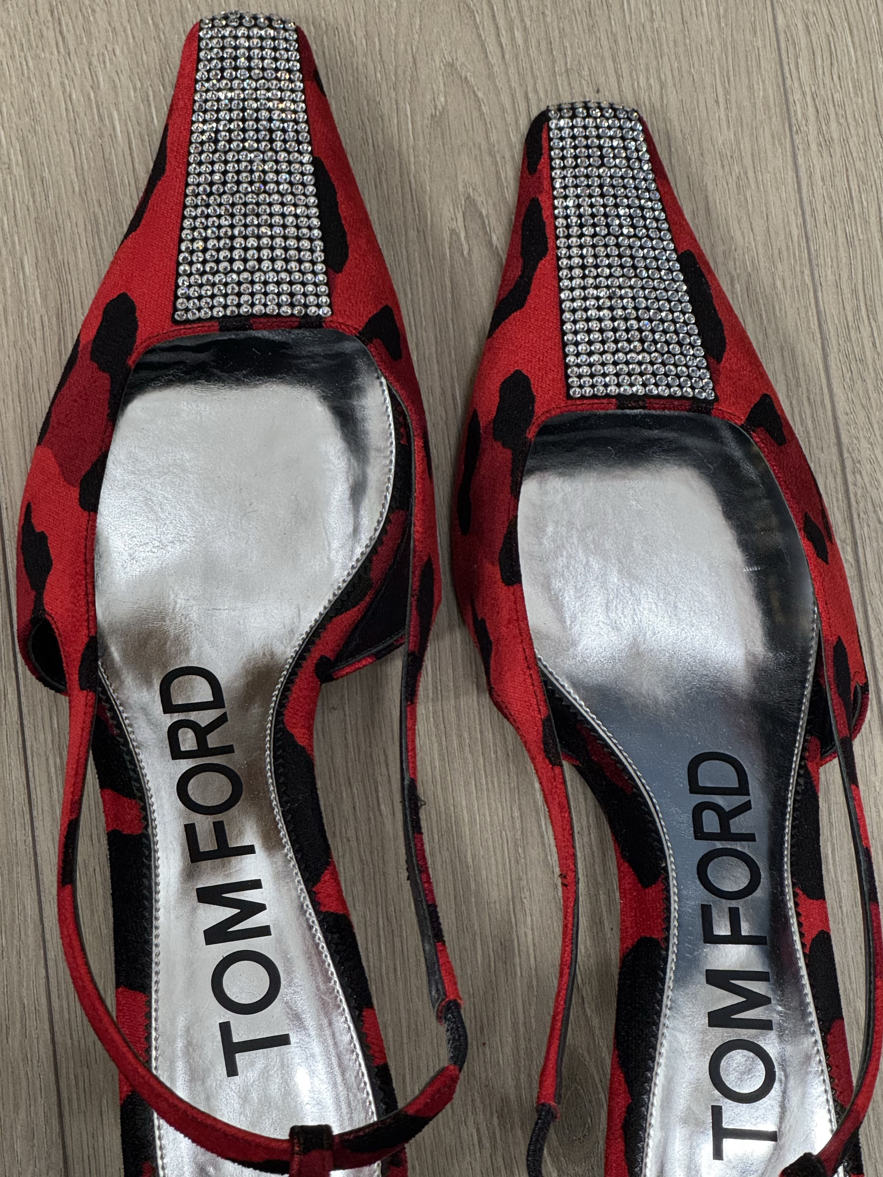 Red.Black Animal Print Velvet Crystal Embellished Heels