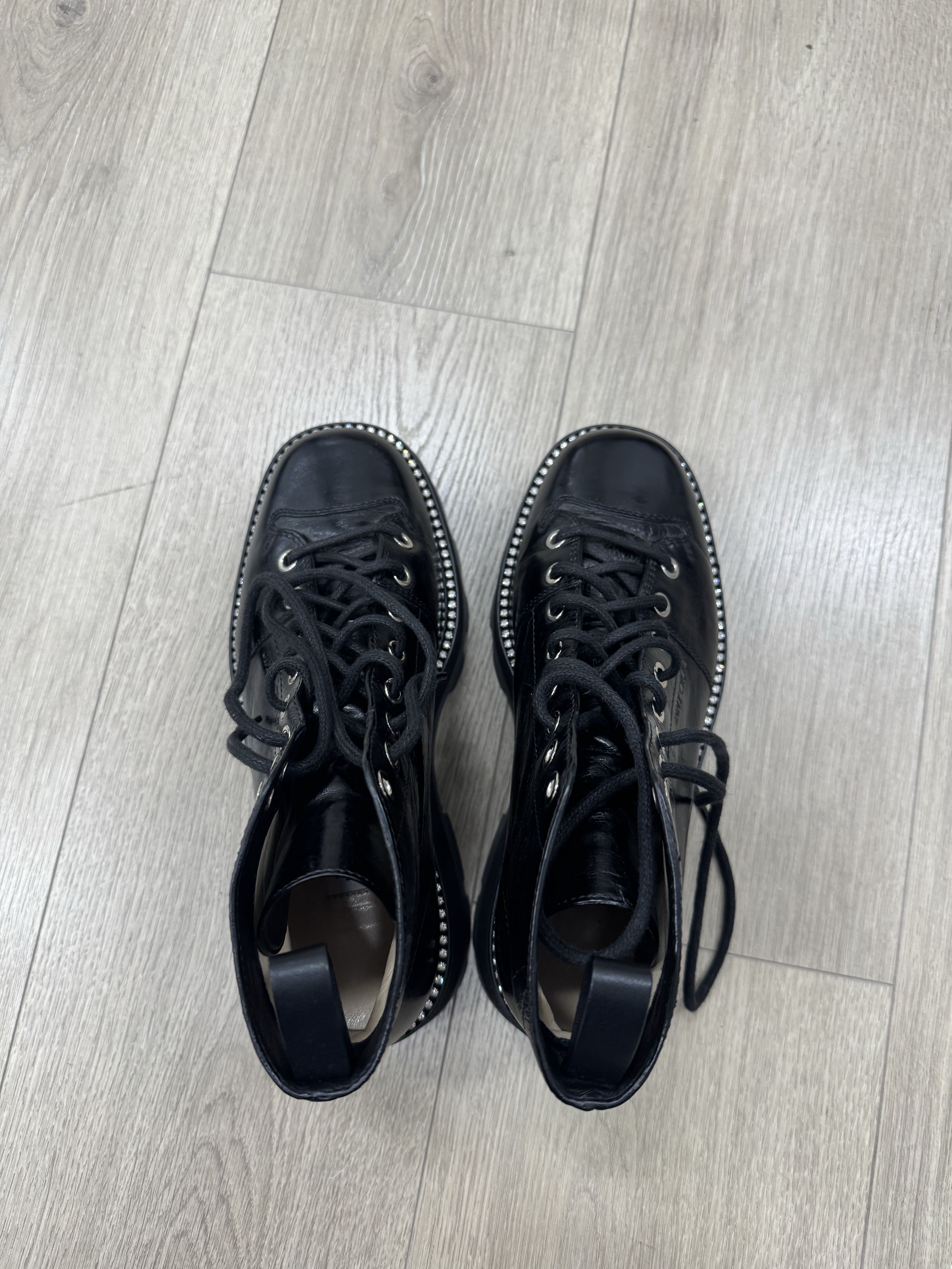 Black Leather Crystal Detail Combat Boots (975)