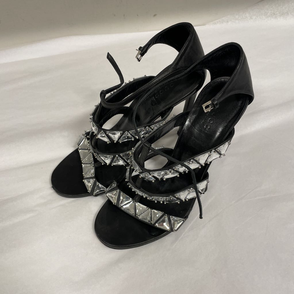 Black Leather Crystal Strap Heel, 39