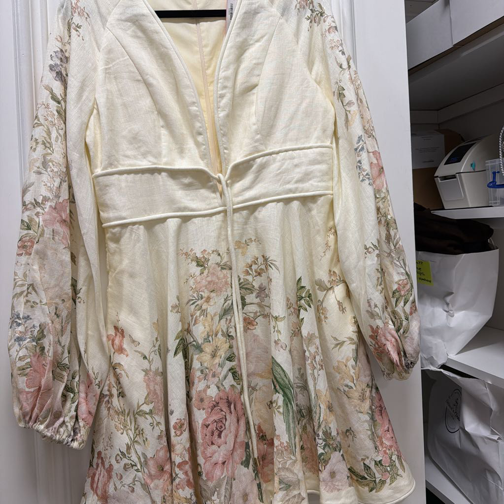 Cream Floral Print Linen Dress