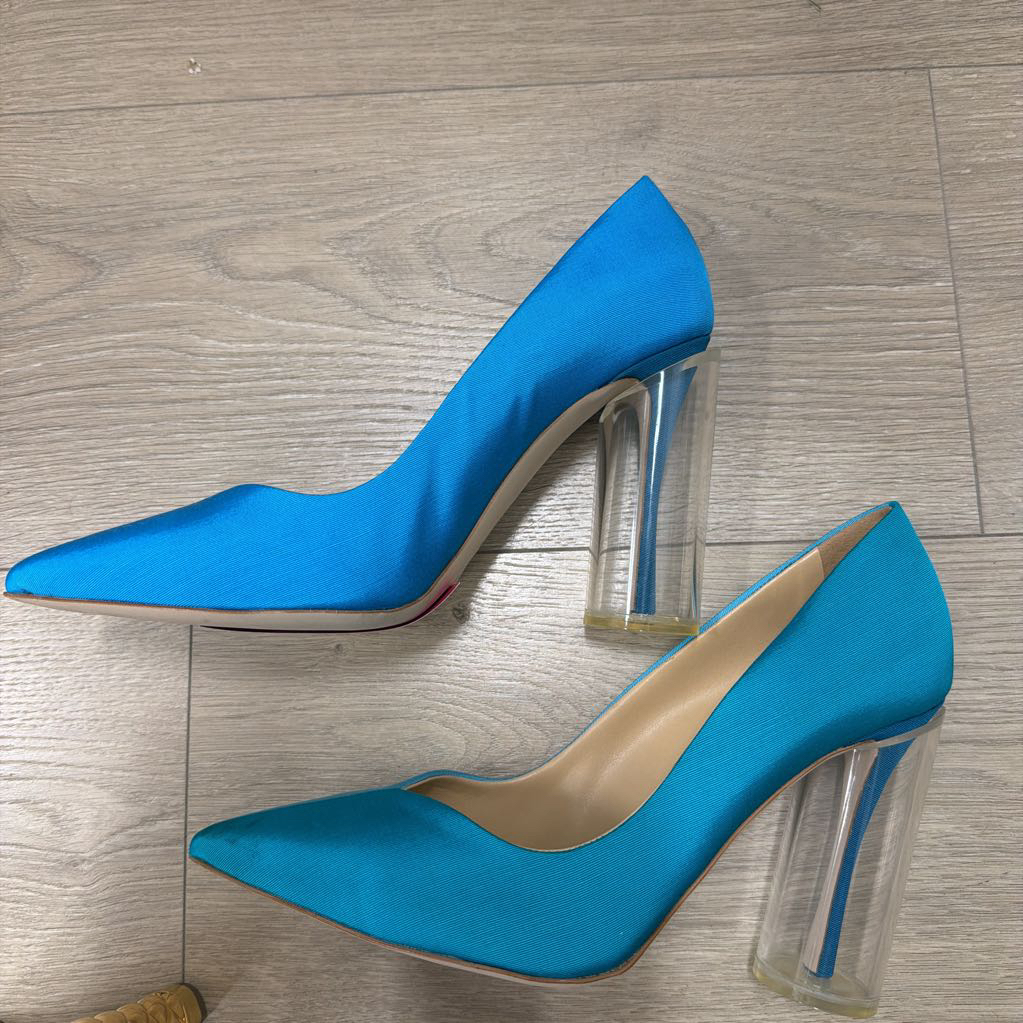 Blue Teal Grosgrain Clear Heel Pump, 37.5