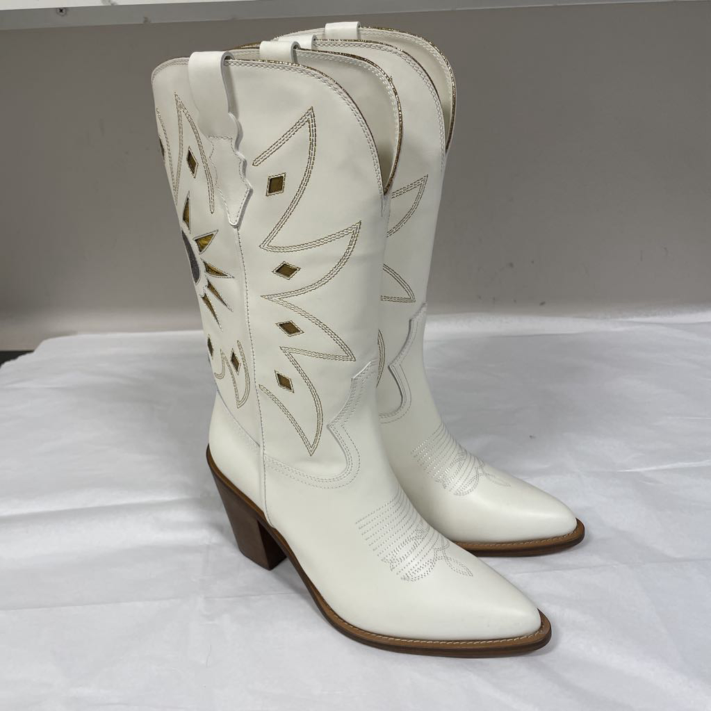 White Leather Metallic Cutouts Cowboy Boot, 39 (retail 1295)