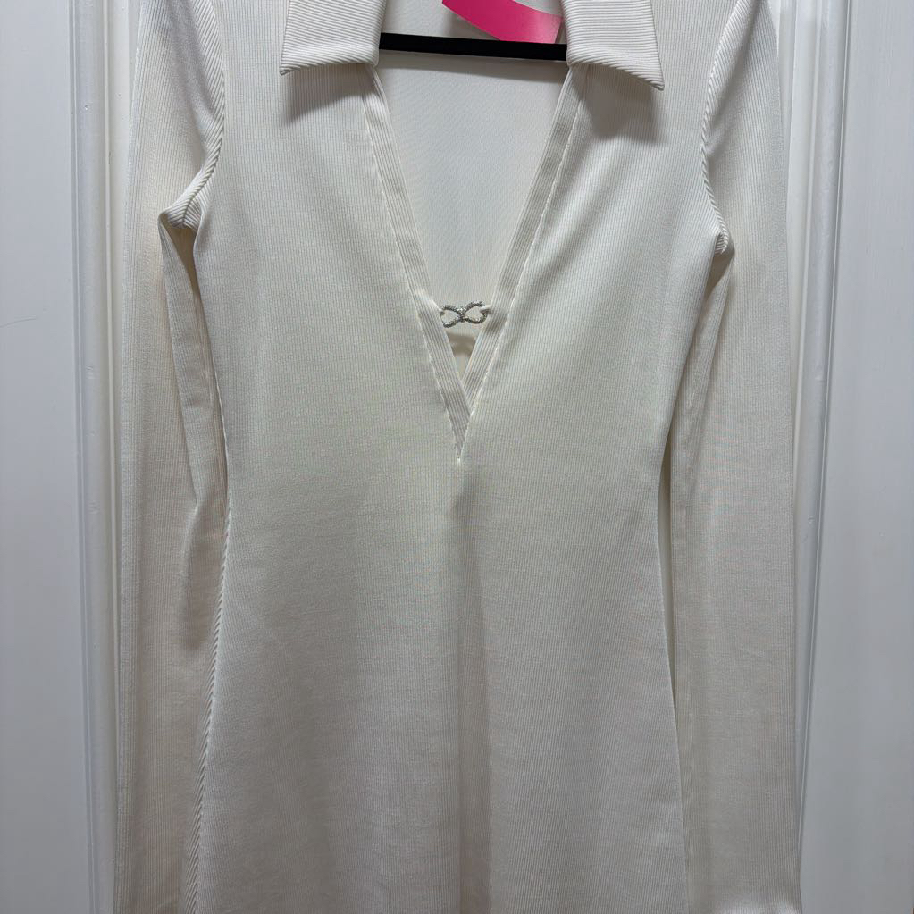 White Viscose Crystal Detail V-Neck Dress, 6