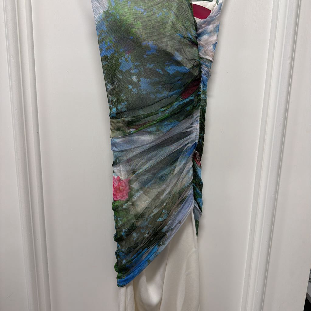 White Silk Midi Dress w/ Print Overlay, 6