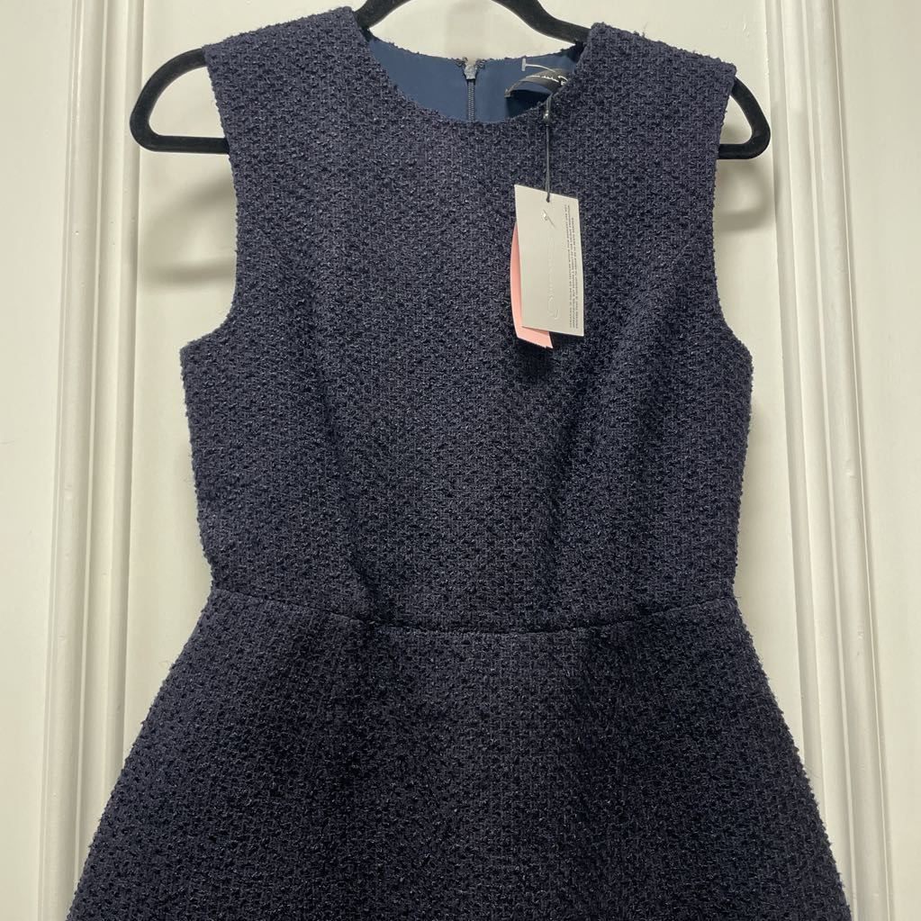 Navy Cotton Blend Tweed A-Line Dress