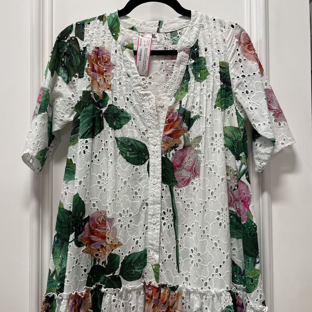 White Floral Print Cotton Eyelet Dress