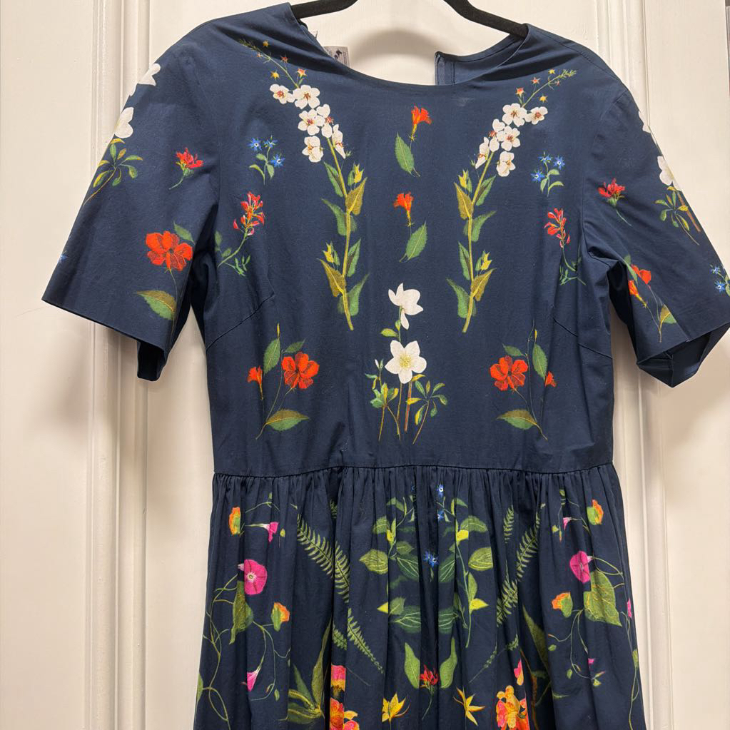 Navy Floral Print Cotton Midi Dress