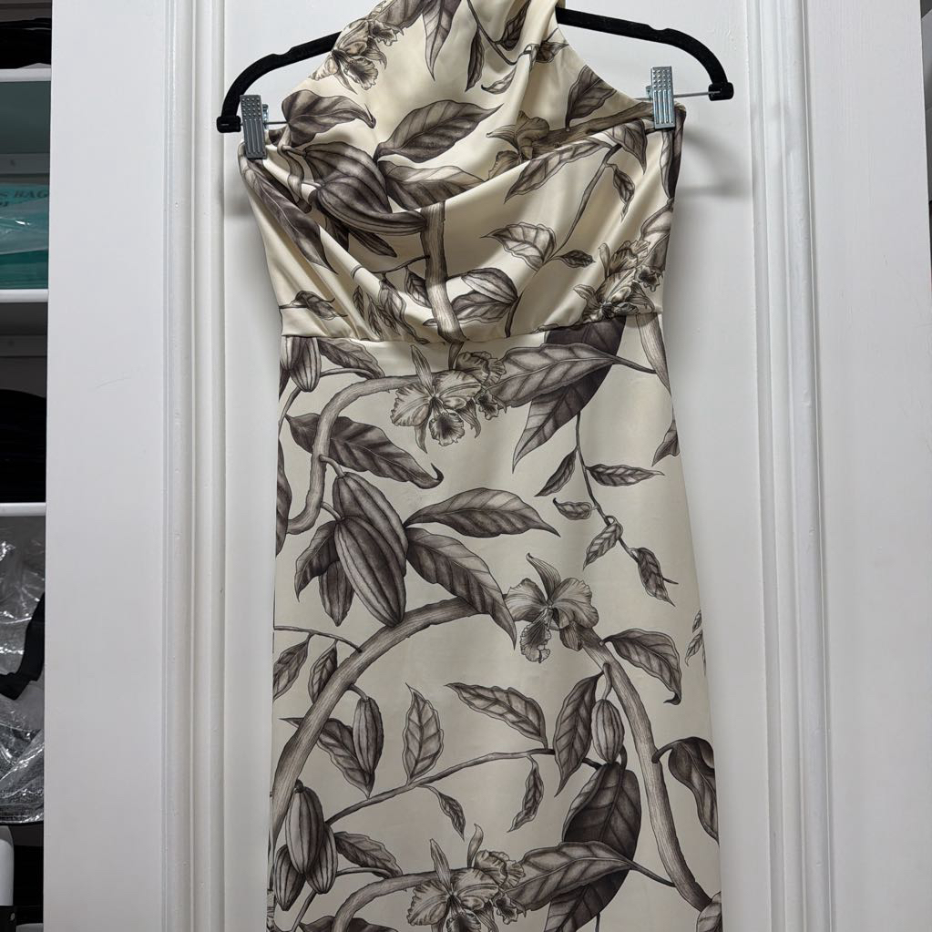 Cream/Black Satin Pattern Maxi Halter Dress (As Is)