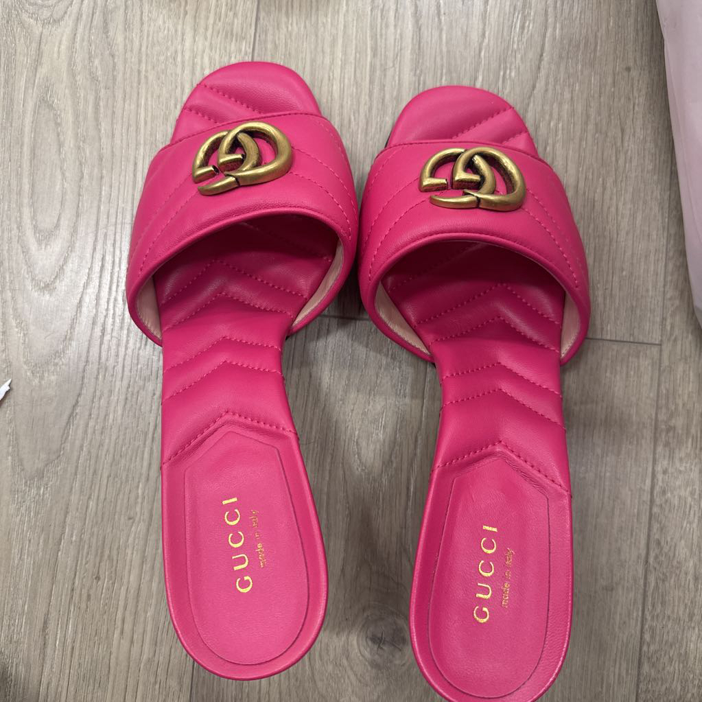 Pink Quilted Leather Heeled Mules