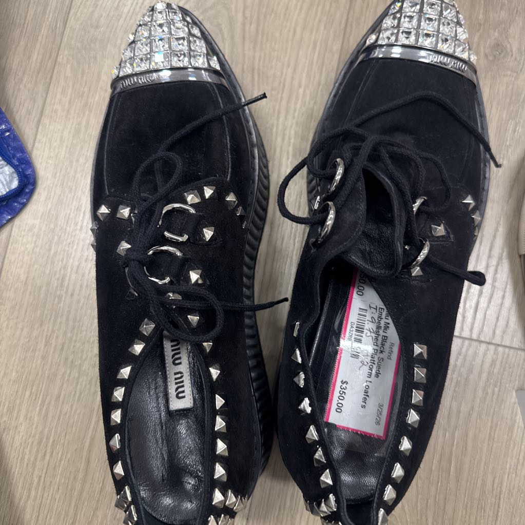Black Suede Embellished Platform Loafers