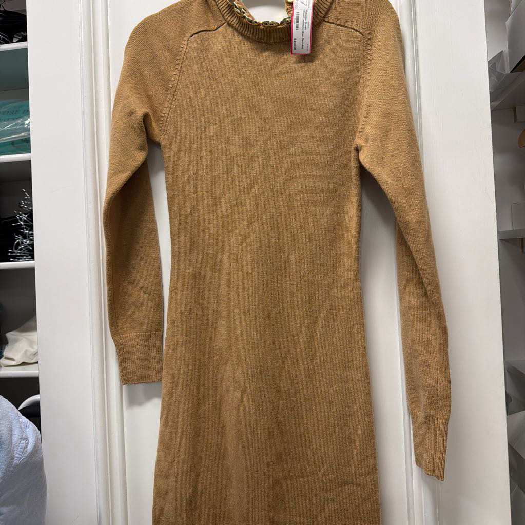 Brown Wool/Cashmere Chain Neckline Sweater Dress