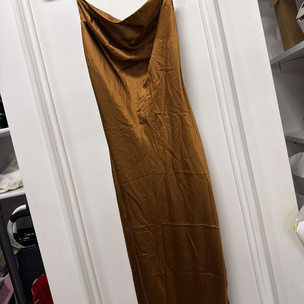 SER.O.YA. Gia Cowl Neck Silk Slip Dress in Toffee Brown