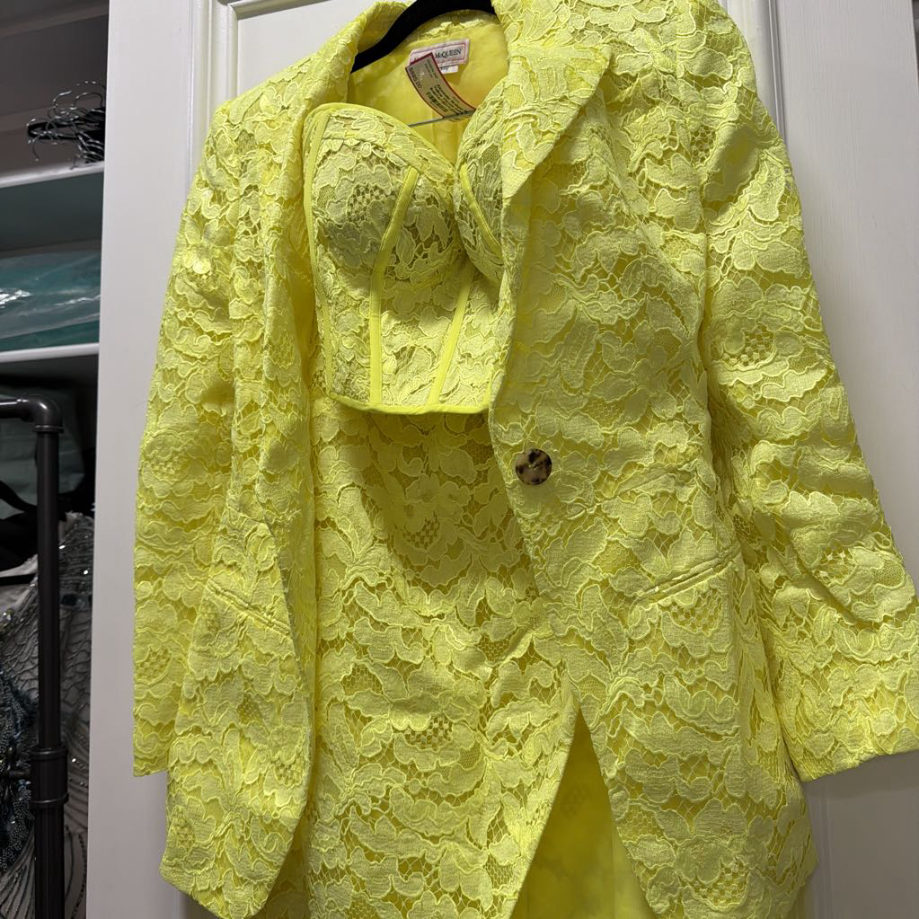 Alexander McQueen SS13 Neon Acid Yellow Lace Skirt Suit & Bustier Set
