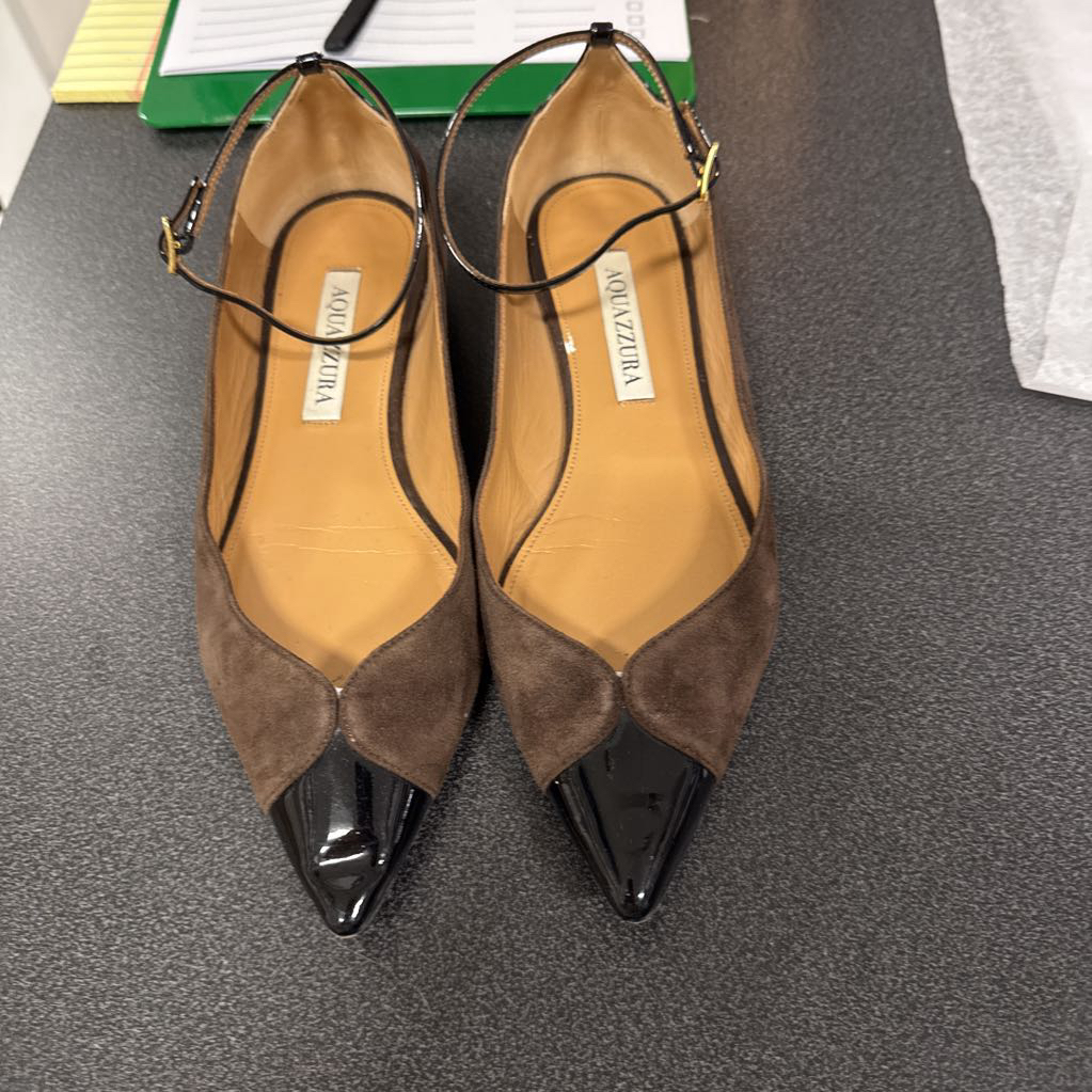 Brown Suede Black Patent Leather Flats (35.5)