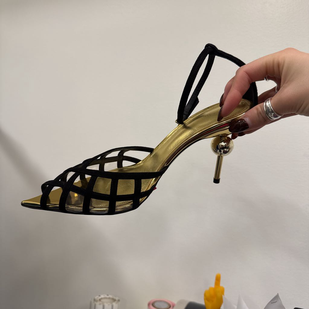Black Suede Caged Gold Heel (R:695)