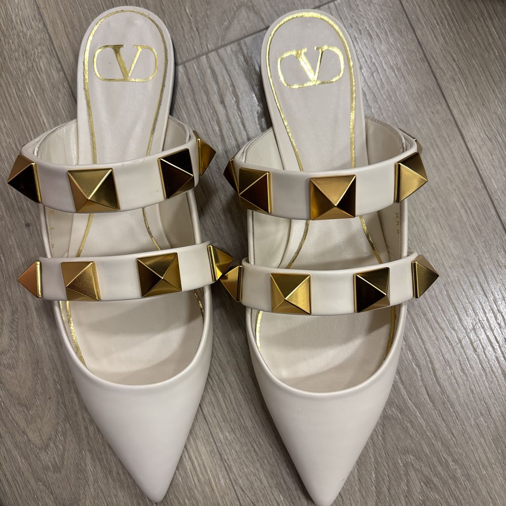 White Leather Flat Studded Mule (NEW $970)