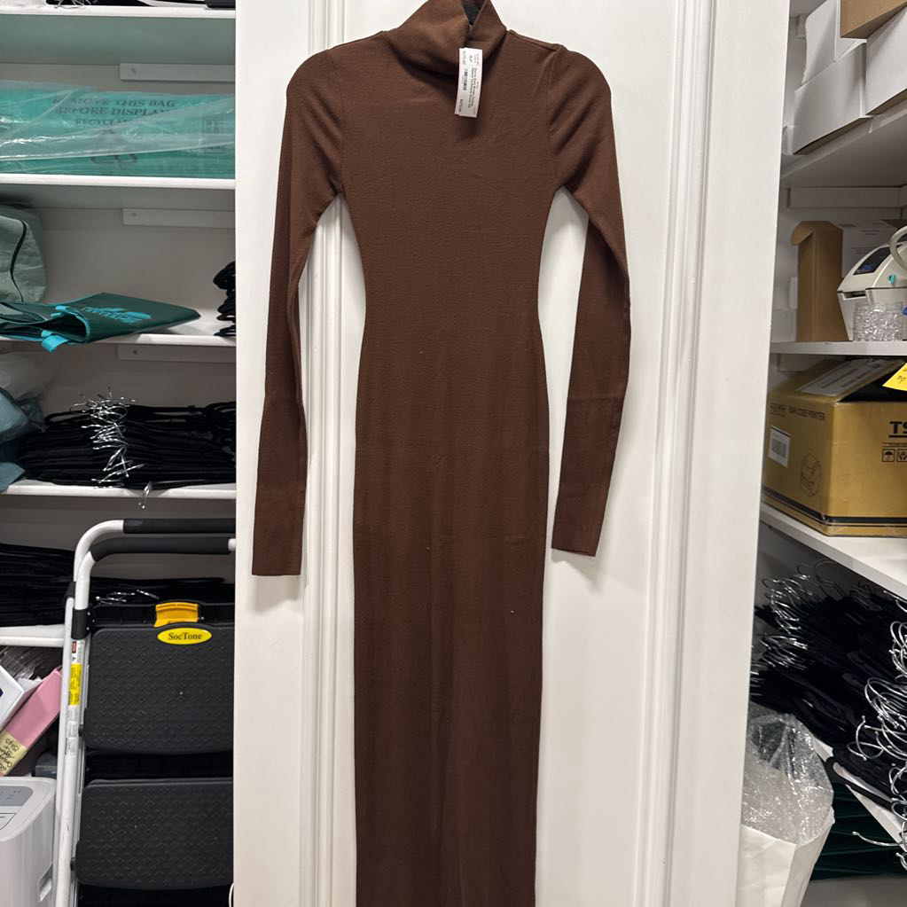 Dark Brown Cotton Ribbed Turtleneck Dress