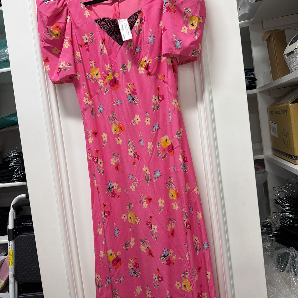 Pink/Floral Silk Black Lace Detail Maxi Dress
