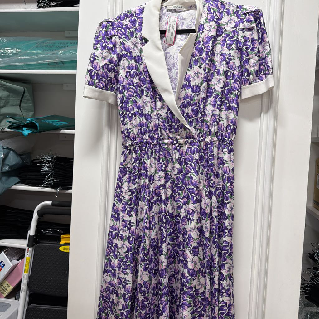 Purple/White Floral Silk Cinched Waist Maxi Dress
