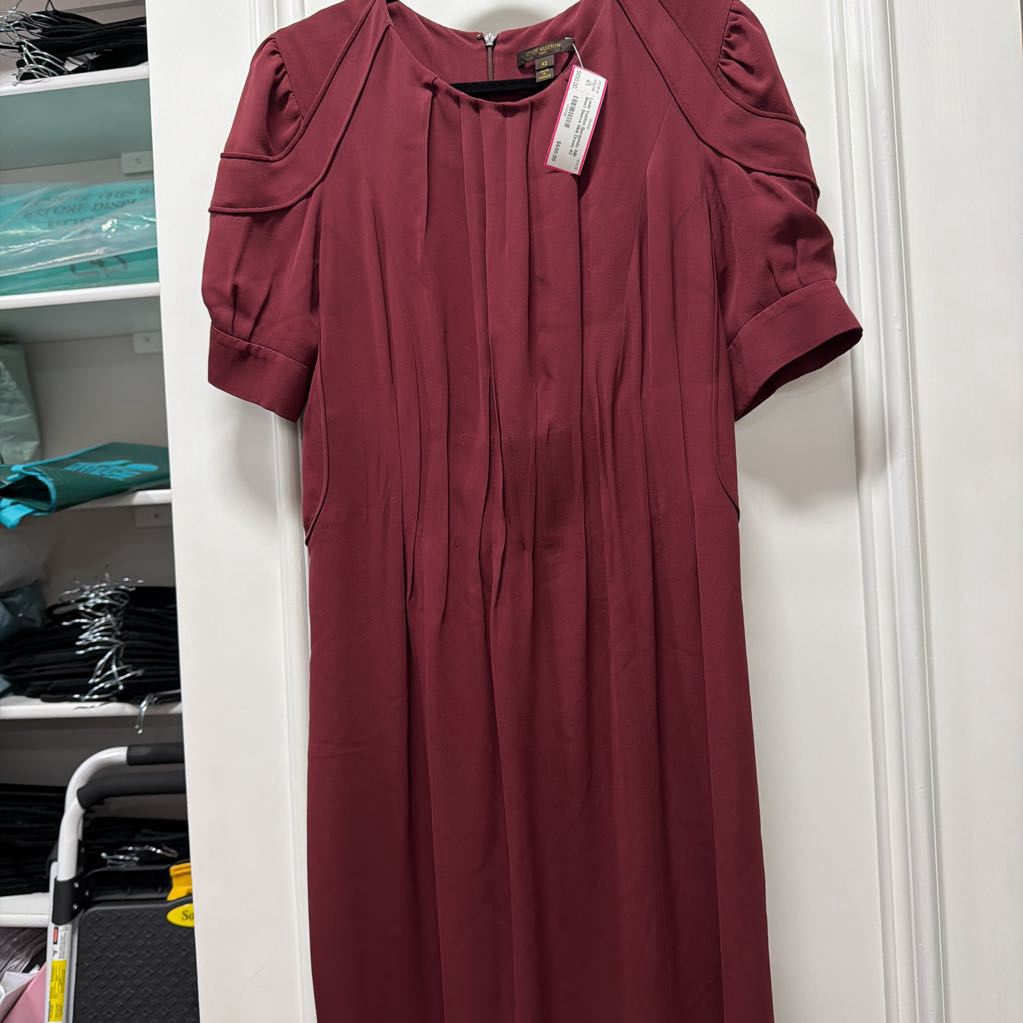 Burgundy Silk Short Sleeve Midi Dress