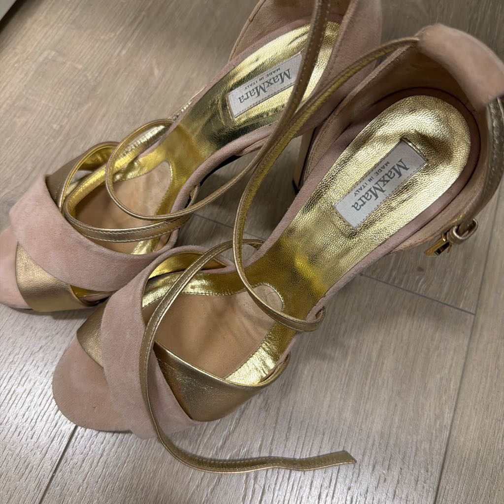 Beige Suede Ankle Strap Heel, 38.5