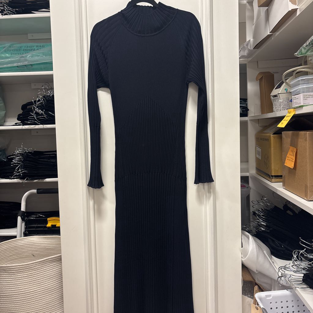 Navy Viscose/Poly High Neck Maxi Dress