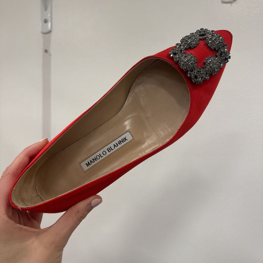 Red Satin Embellished Buckle Flats