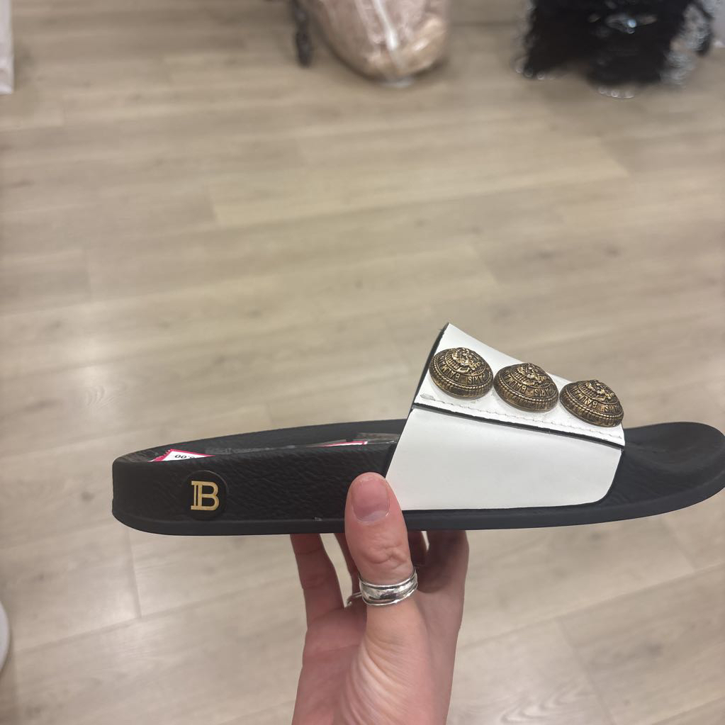 White Leather Gold Button Slides