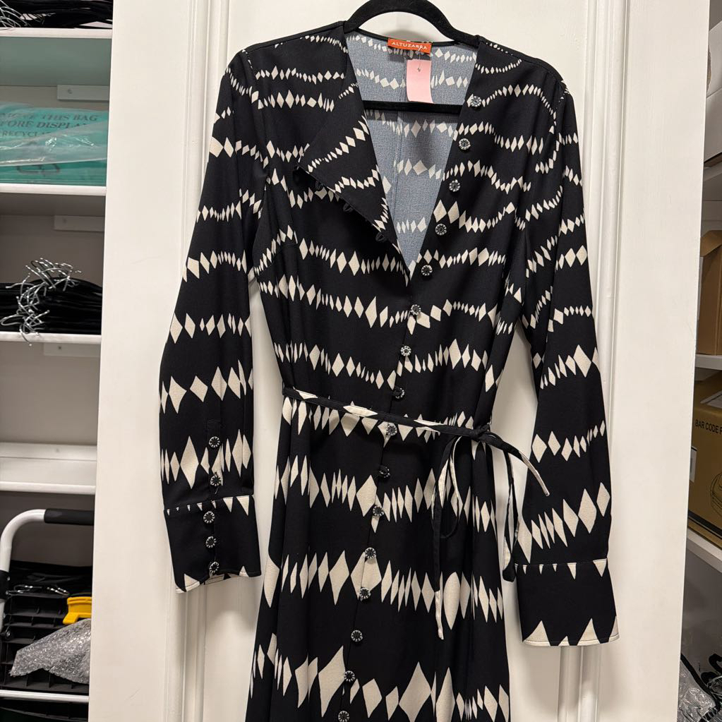 Black/White Printed Poly Belted Dress