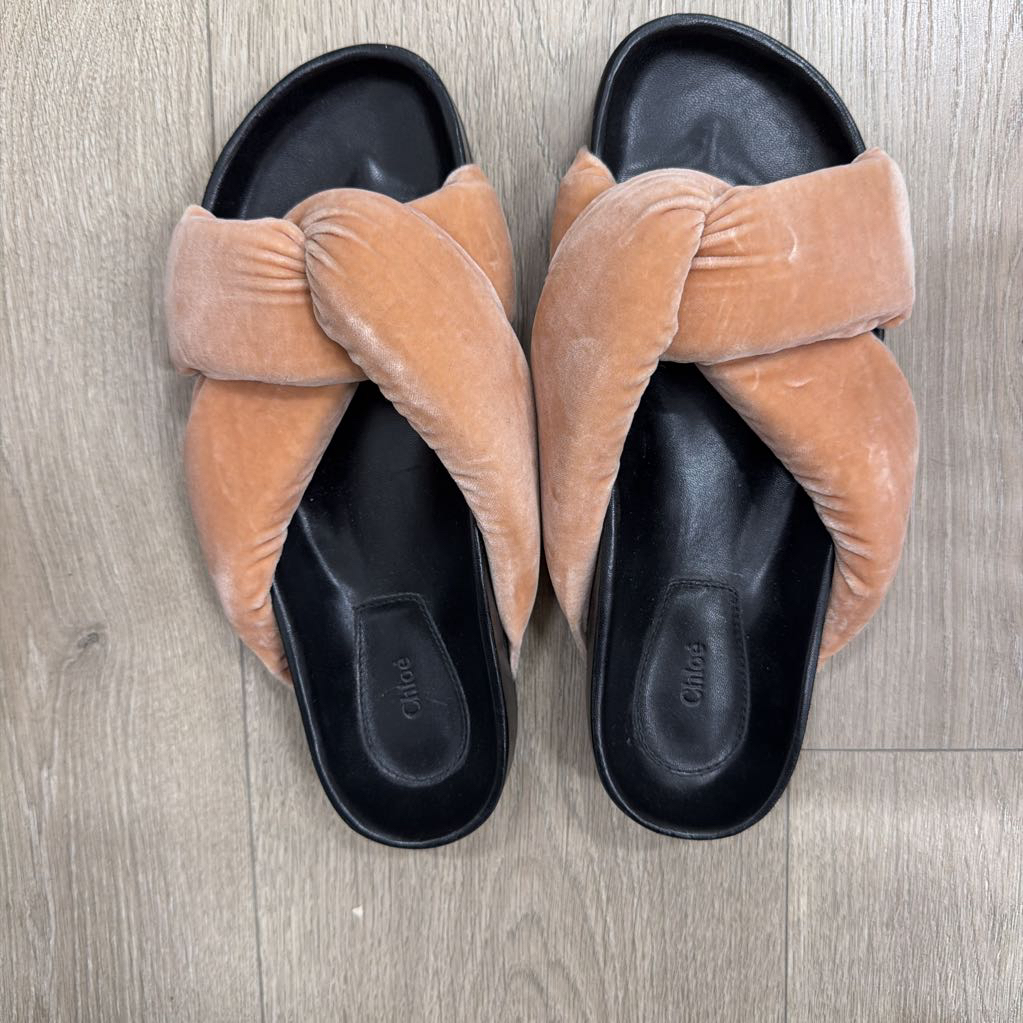 Peach/Black Velvet Puffy Strap Sandals (37)
