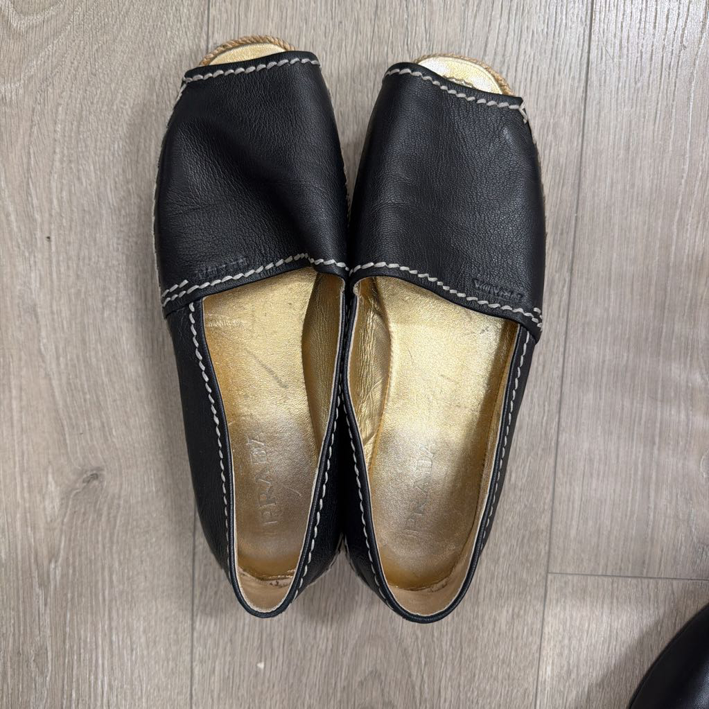 Black Leather Raffia Platform Espadrilles