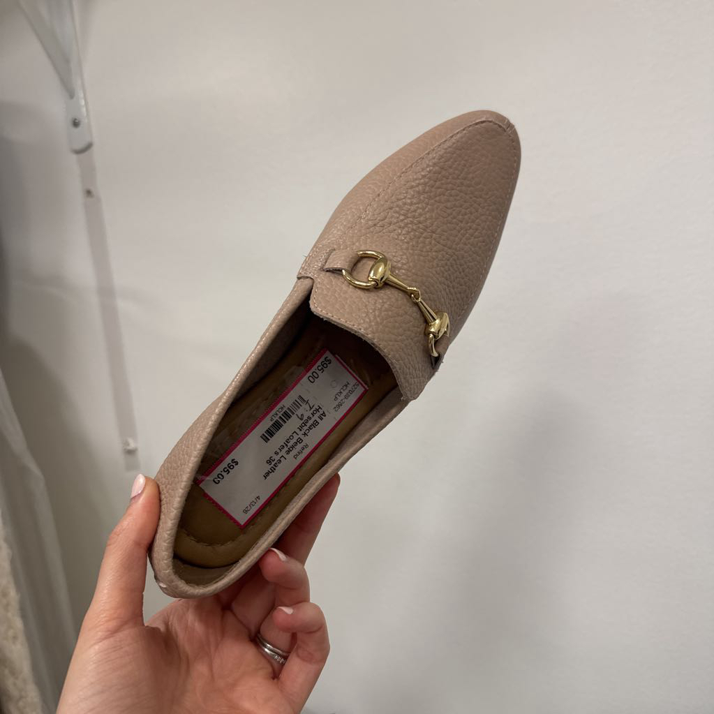 Beige Leather Horsebit Loafers