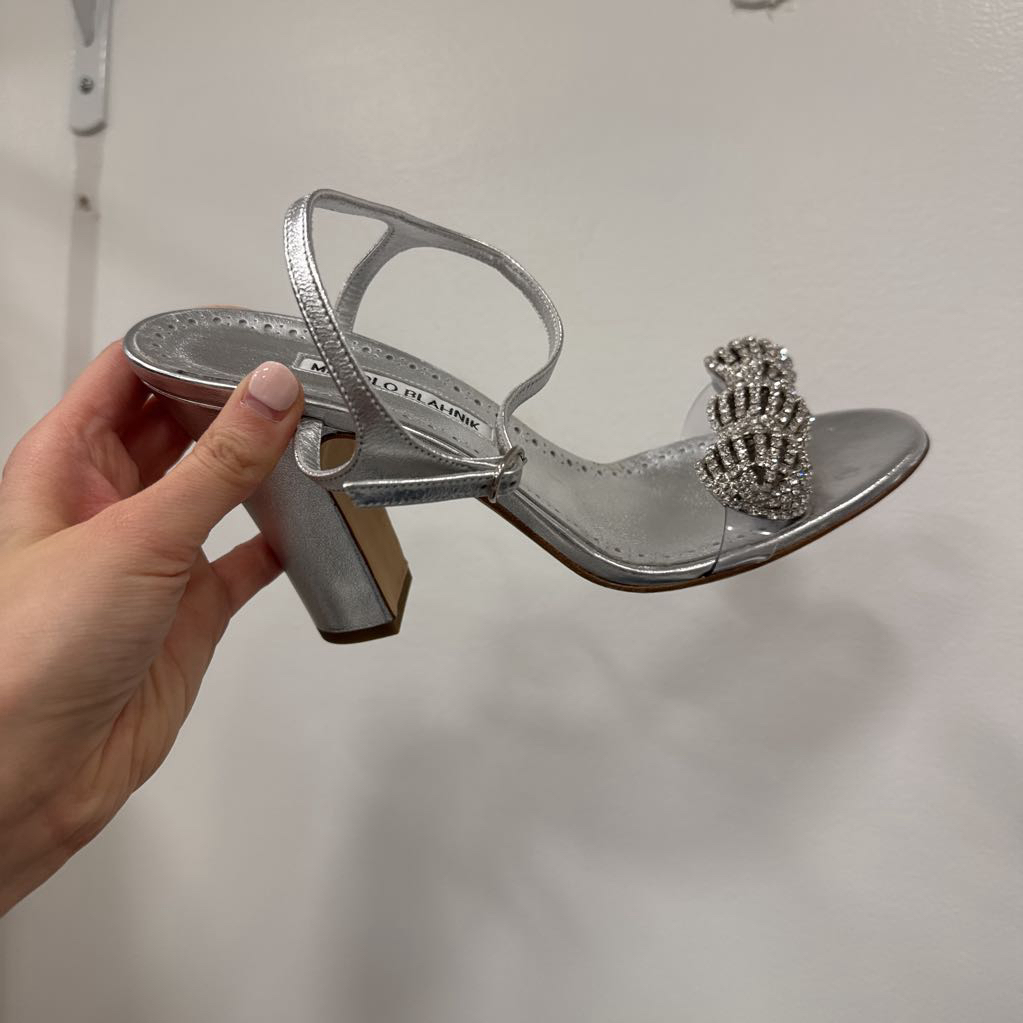 Silver Metallic Leather Crystal Strap Heeled Sandals