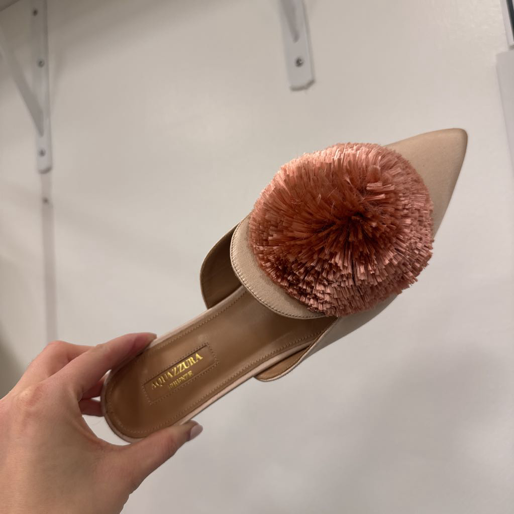 Pale Pink Satin Pom Pom Mules