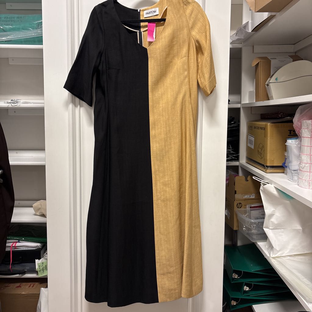 Black Half/Tan Half 1/4 Sleeve Midi Dress