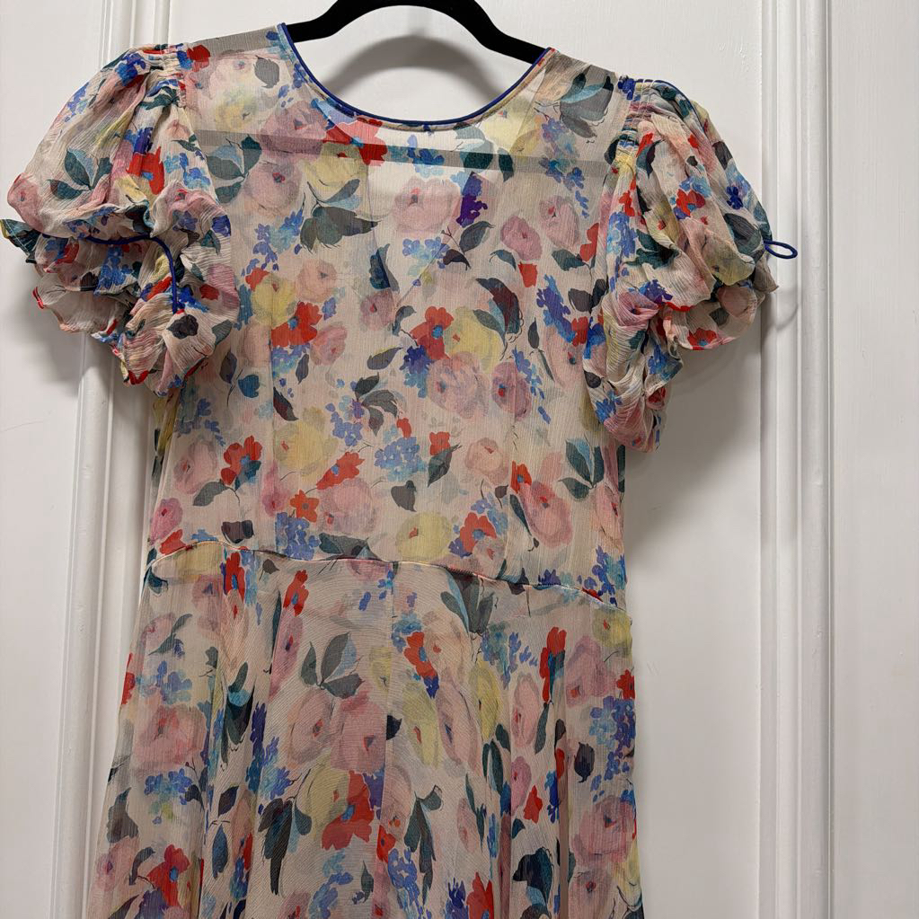 Pink/Blue Cream Floral Cap Ruffle Sleeve Maxi Dress