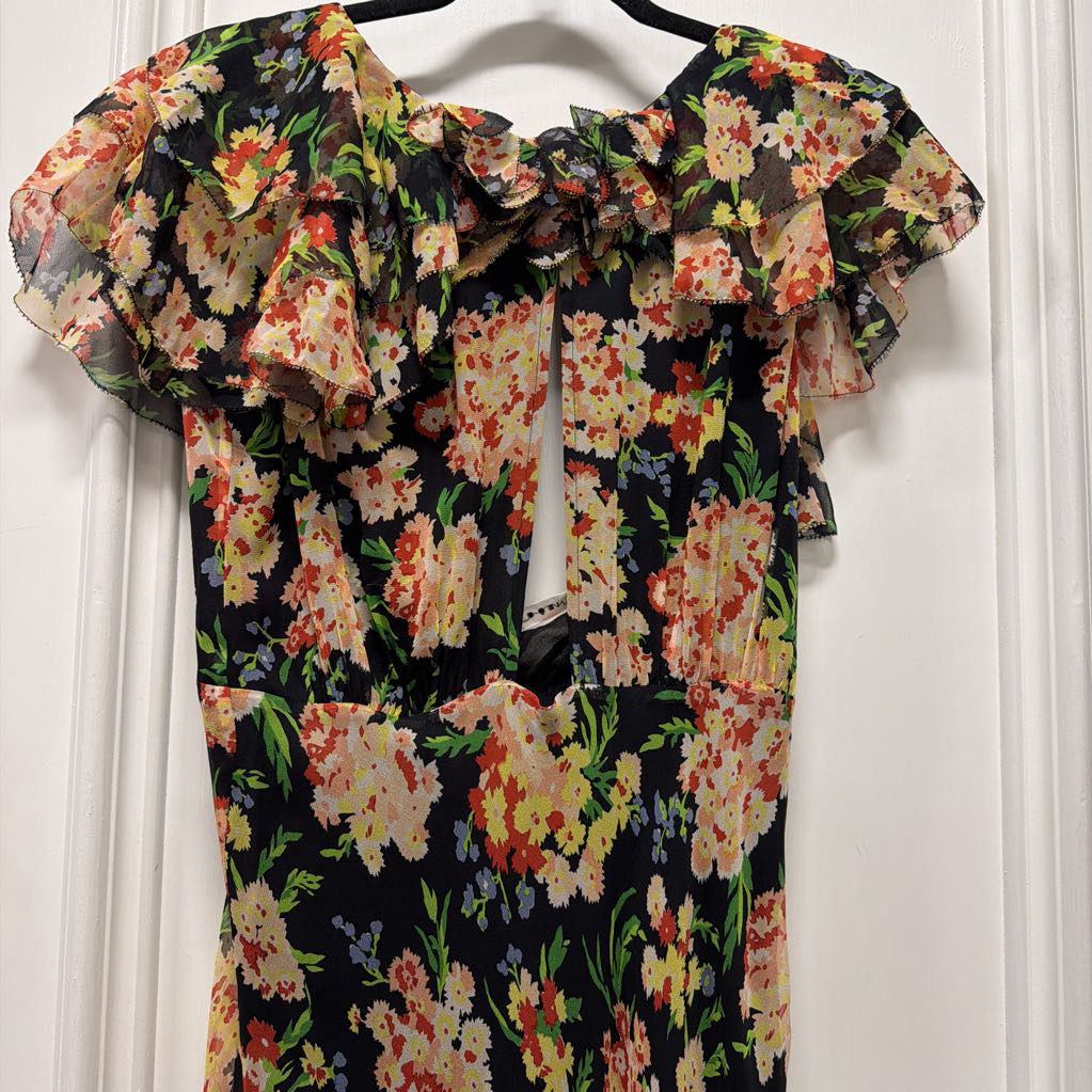 Black Cream Coral VNeck Ruffle Silk(NWT) Midi Dress