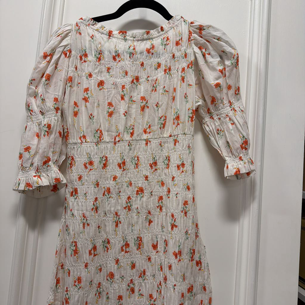 White Orange Green Floral 1/4 Sleeve Cotton Blend Dress