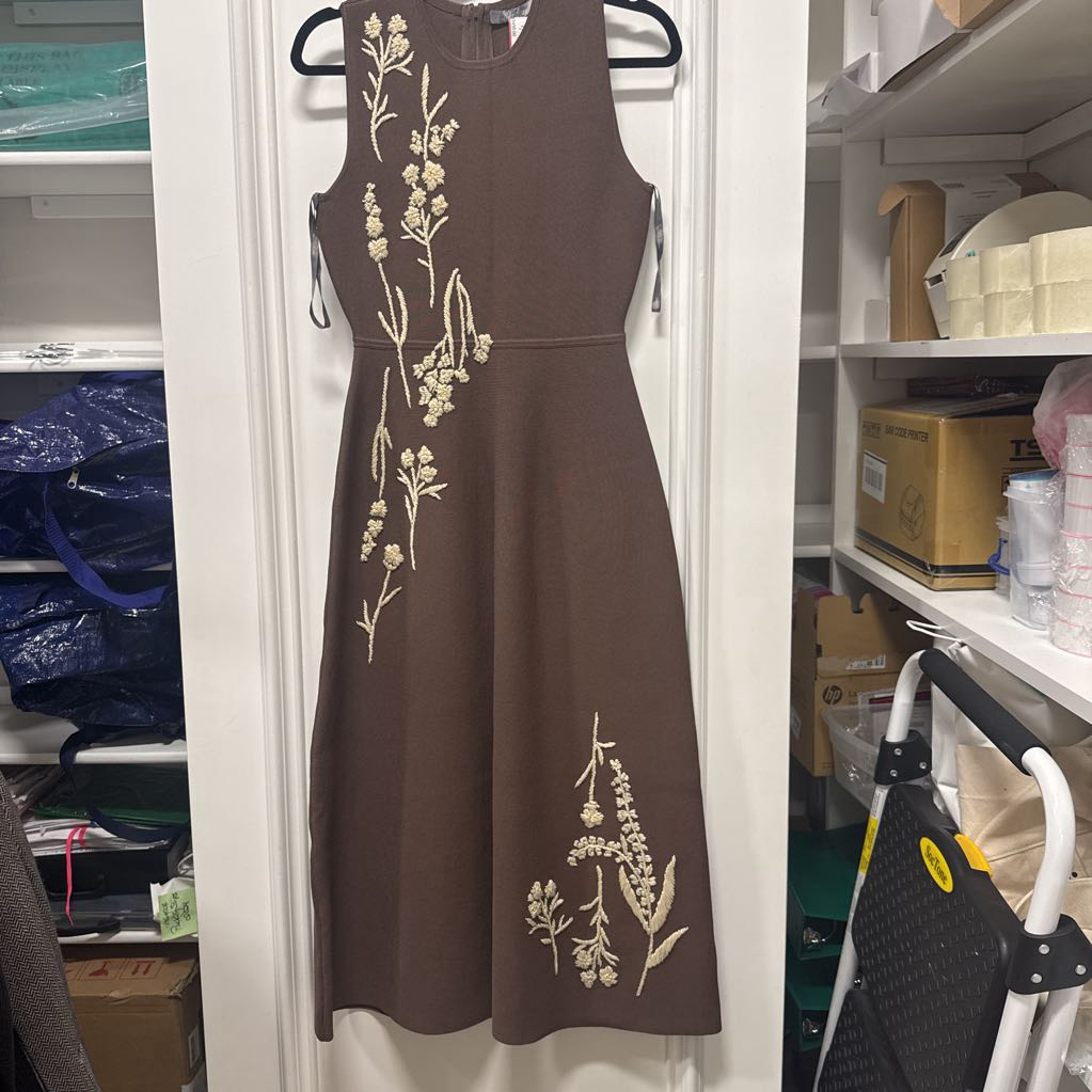 Brown Viscose Embroidered Midi Dress (1590)