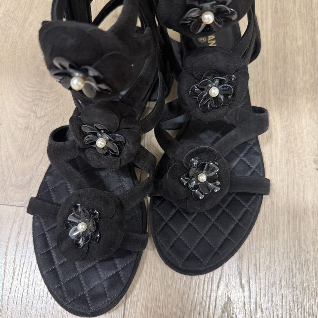 Black Suede Camellia Gladiator Sandals 38