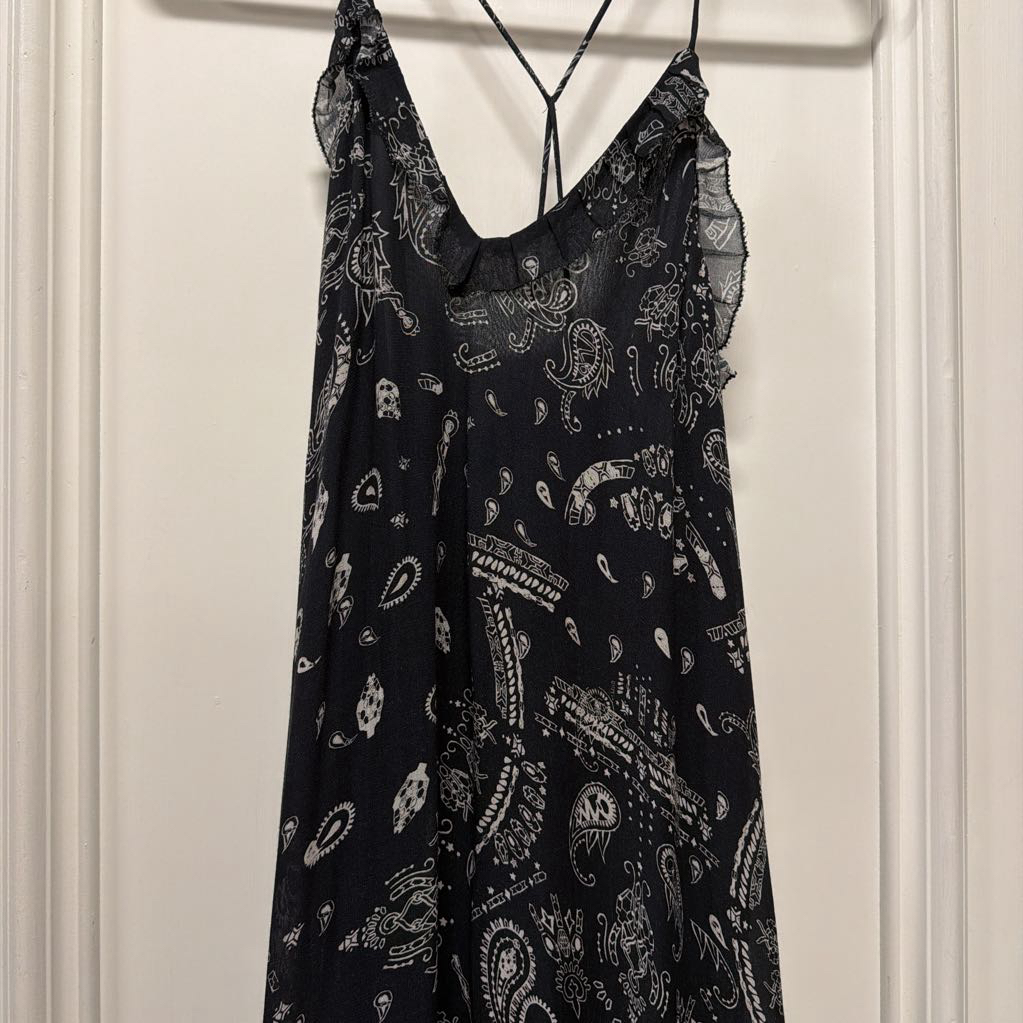 Black White Paisley Ruffle Top Sleeveless Strappy Dress