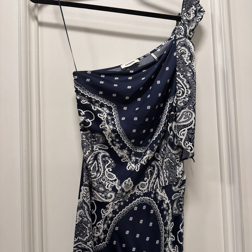 Navy/White Silk Pattern One Shoulder Dress