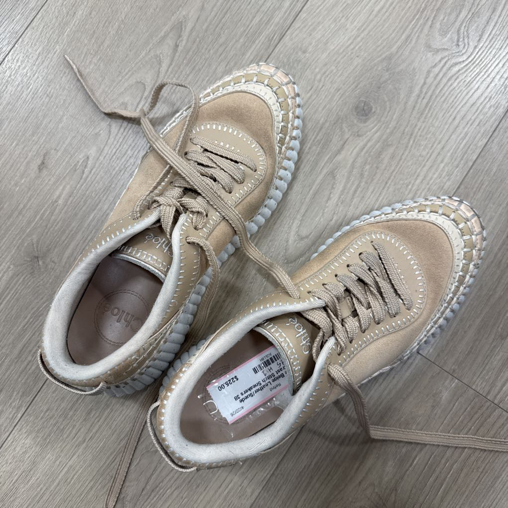 Beige Leather/Suede Contrast Stitch Sneakers