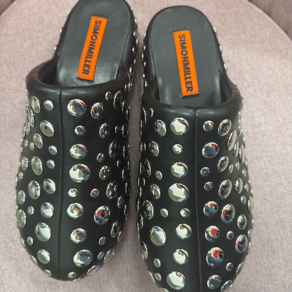 Black Leather Studded Clog, 40