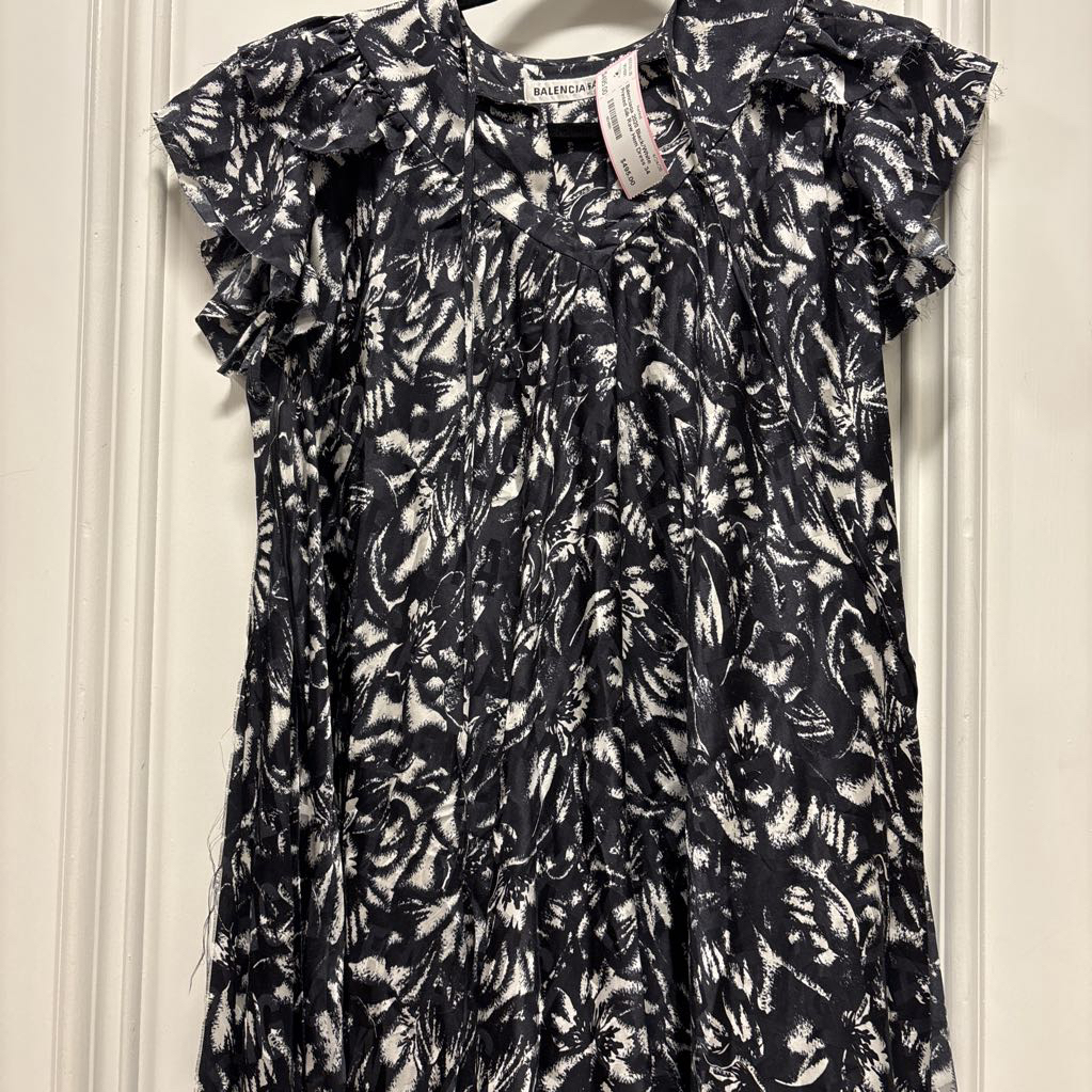 2020 Black/White Printed Silk Raw Hem Dress