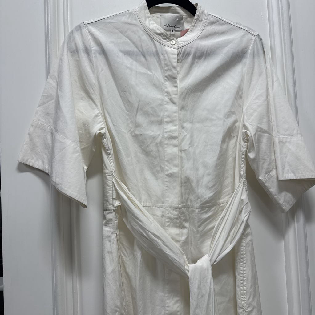 White Cotton Tied Belted Dress