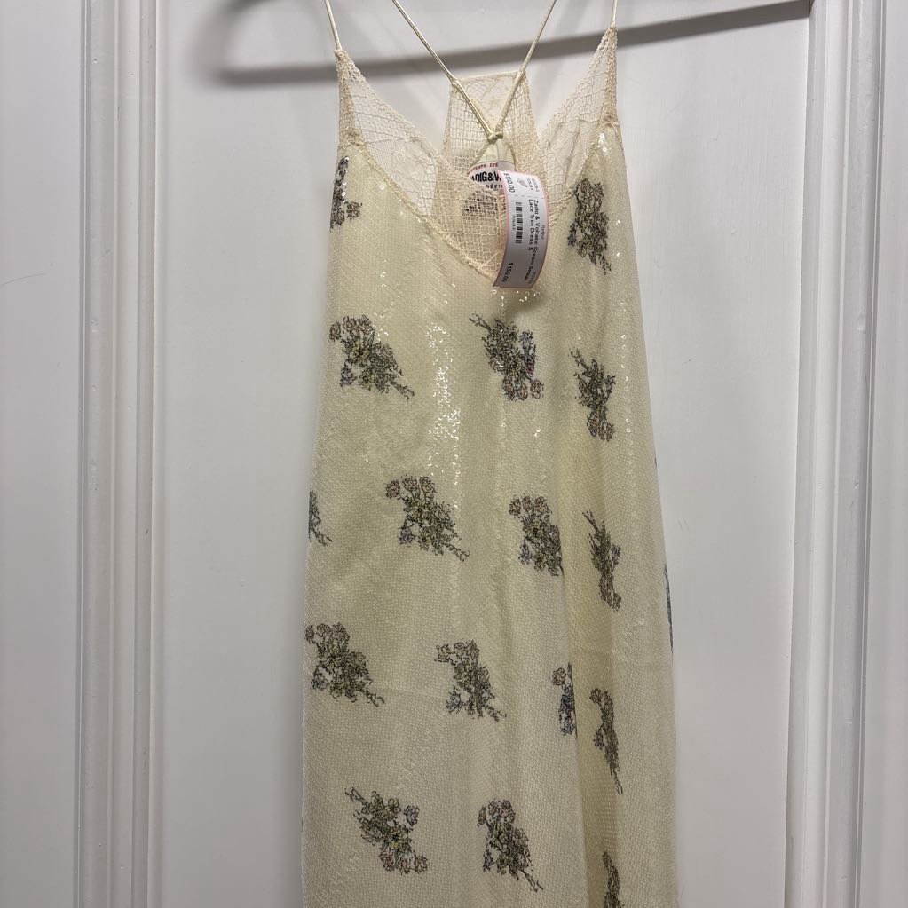 Cream Sequin Lace Trim Dress