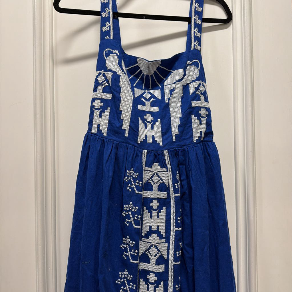Blue/White Linen Blend Embriodered Dress