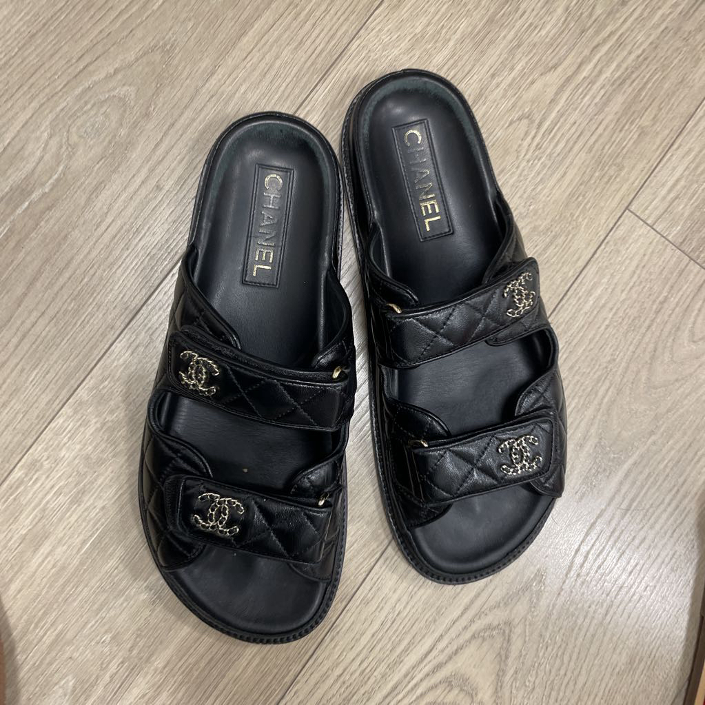 Black Lambskin Quilted Dad Sandals