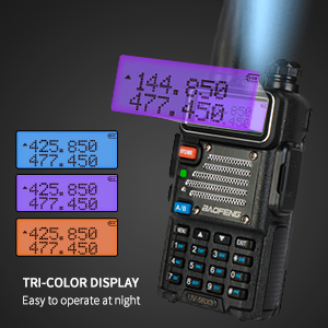 Close-up of the Baofeng UV-5RX3's tri-color backlit LCD display.